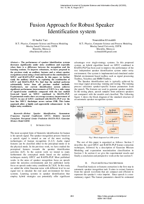 (PDF) Fusion Approach for Robust Speaker Identification system