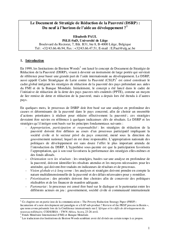 (PDF) Le Document de Stratégie de Réduction de la Pauvreté (DSRP) : Du ...