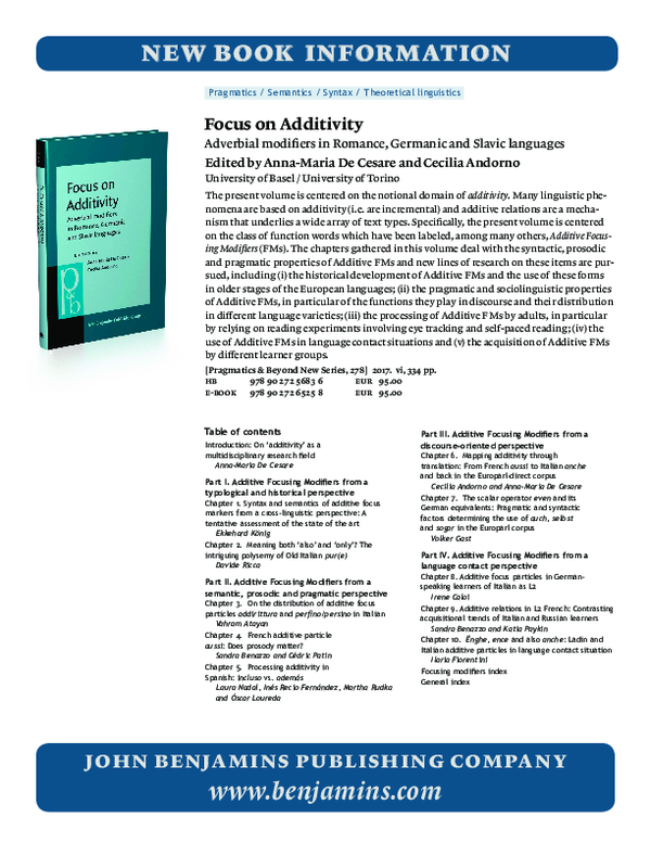 (PDF) Focus on Additivity. Adverbial modifiers in Romance, Germanic and ...