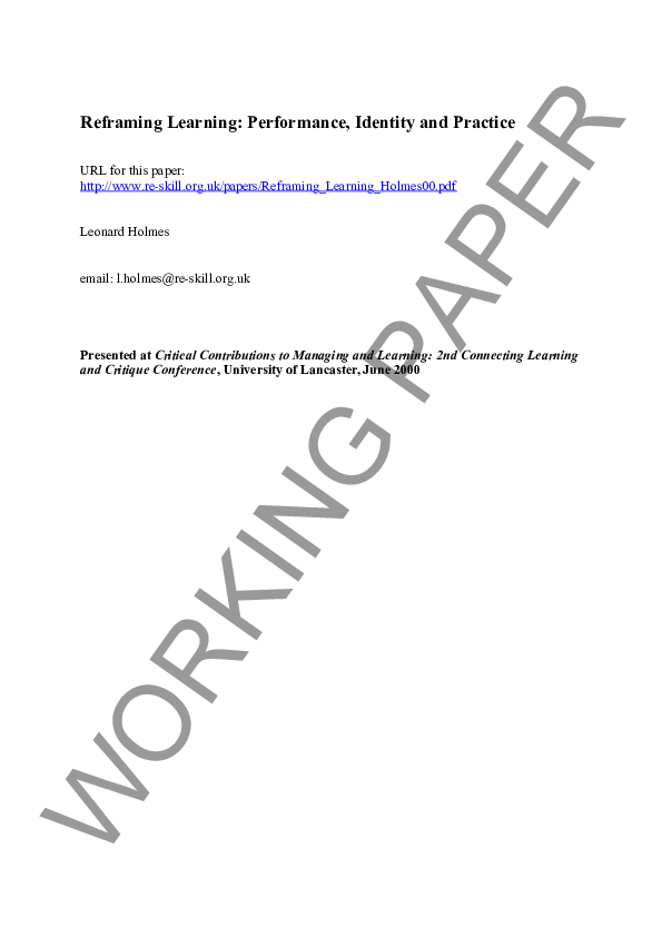 Pdf Reframing Learning Performance Identity And Practice