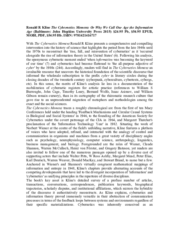 Review: Ronald R. Kline, The Cybernetics Moment (For the British Society of Literature and Science).pdf