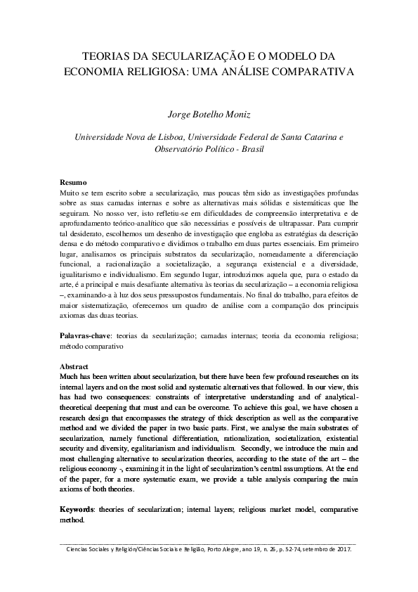 Pdf The Secularization Theories And The Religious Market Model A