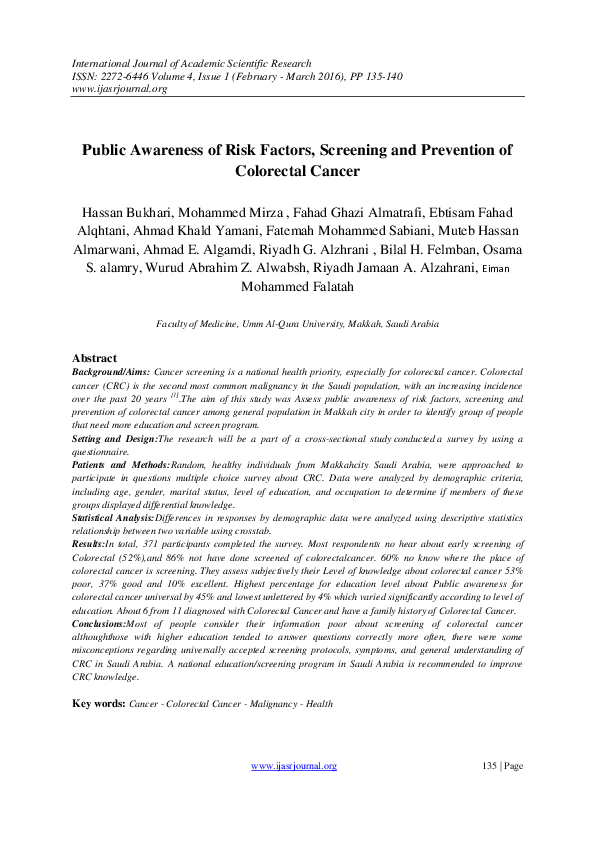 (PDF) Public Awareness of Risk Factors, Screening and Prevention of ...