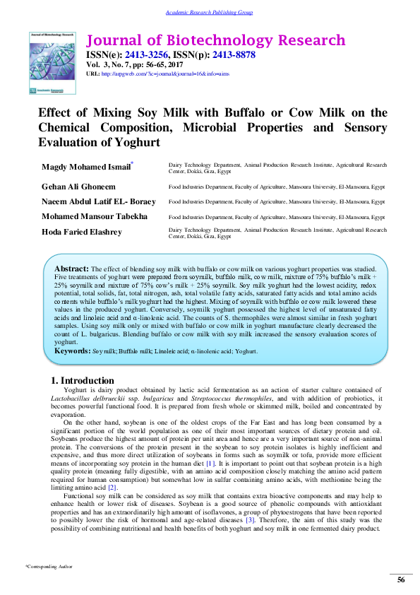 (PDF) Effect of Mixing Soy Milk with Buffalo or Cow Milk on the ...
