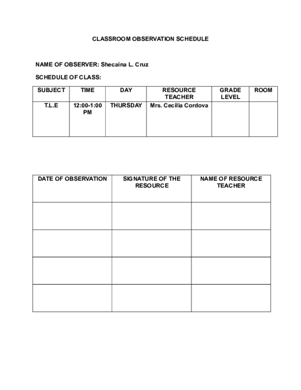 (DOC) CLASSROOM OBSERVATION SCHEDULE DATE OF OBSERVATION SIGNATURE OF ...