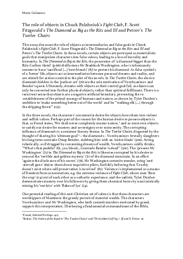 (PDF) Objects in Palahniuk’s 'Fight Club', Fitzgerald’s 'The Diamond as