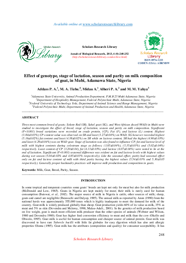 (PDF) Effect of genotype, stage of lactation, season and parity on milk ...