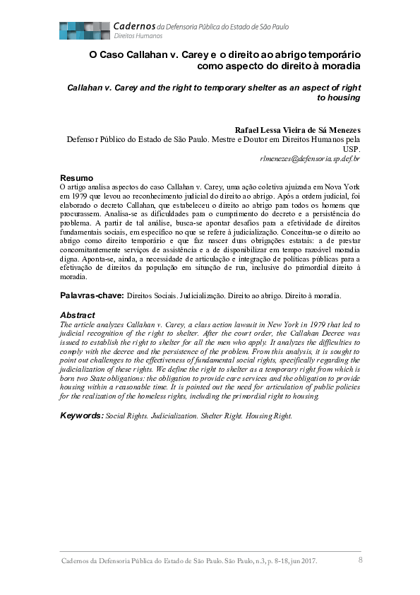 (PDF) O Caso Callahan v. Carey e o direito ao abrigo temporário como ...