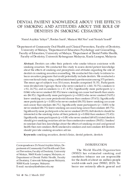 (PDF) EffEcts of smoking and smoking cEssation DENTAL PATIENT KNOWLEDGE