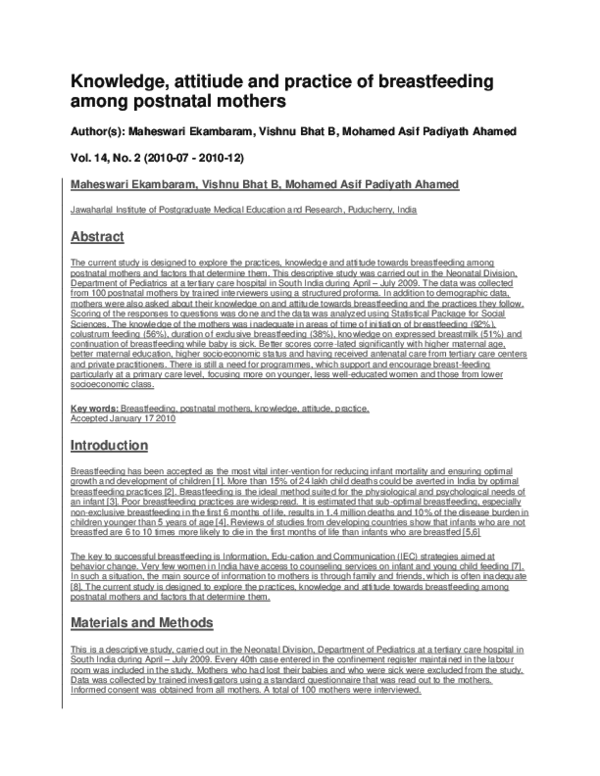 (PDF) Knowledge attitiude and practice of breastfeeding among postnatal ...
