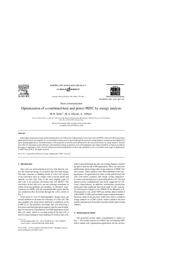 (PDF) Optimization of a combined heat and power PEFC by exergy analysis