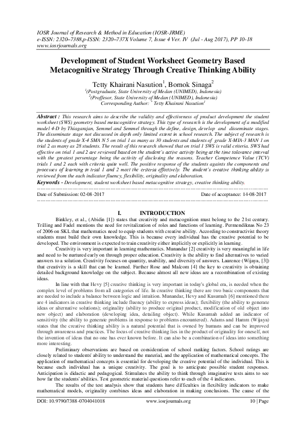 (PDF) Development of Student Worksheet Geometry Based Metacognitive ...
