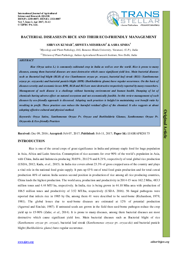 (PDF) BACTERIAL DISEASES IN RICE AND THEIR ECO-FRIENDLY MANAGEMENT