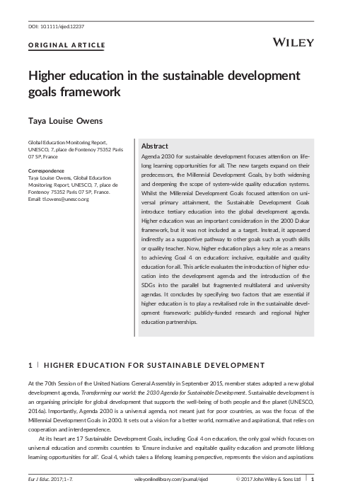 (PDF) Higher education in the sustainable development goals framework