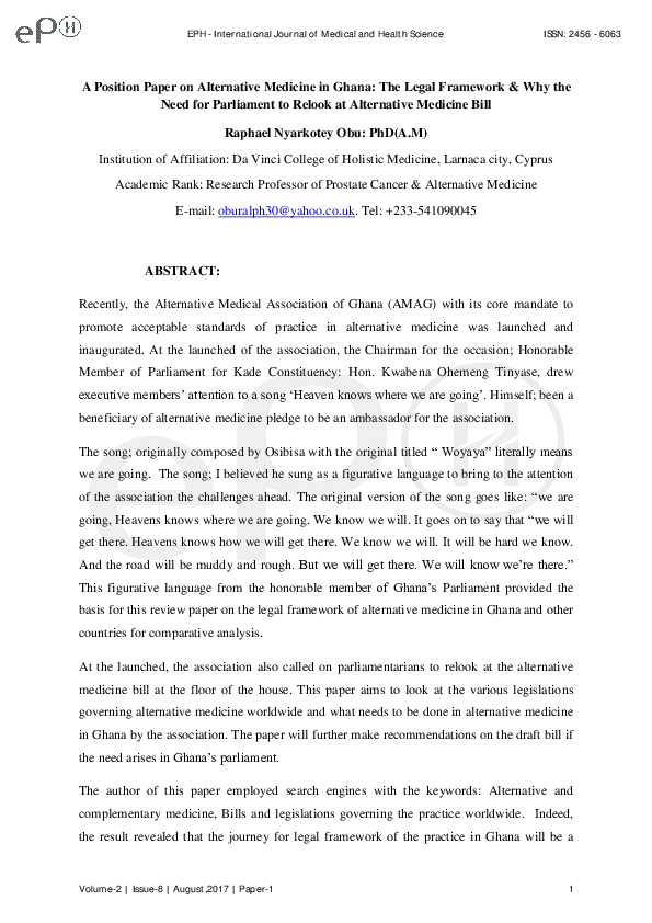 (PDF) A Position Paper on Alternative Medicine in Ghana The Legal