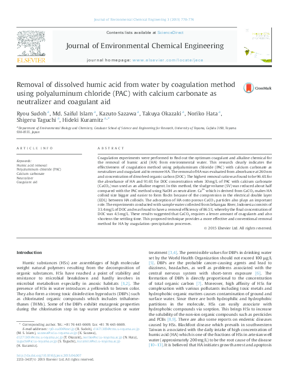 (PDF) Removal of dissolved humic acid from water by coagulation method ...