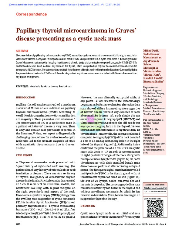 (PDF) Papillary thyroid microcarcinoma in Graves' disease presenting as ...