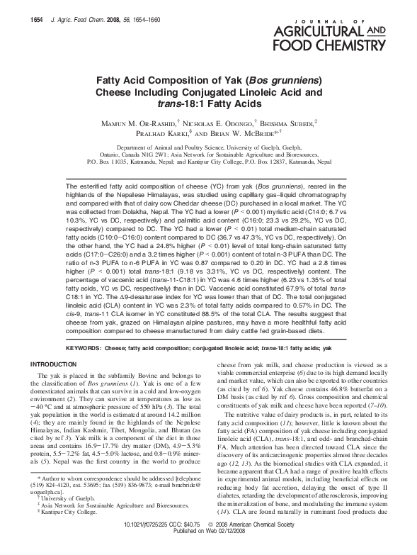 (PDF) Fatty Acid Composition of Yak (Bos grunniens) Cheese Including