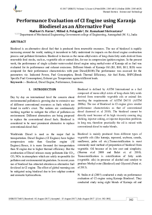 (PDF) Performance Evaluation of CI Engine using Karanja Biodiesel as an ...
