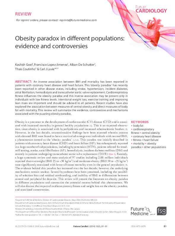 Pdf Obesity Paradox And The Heart