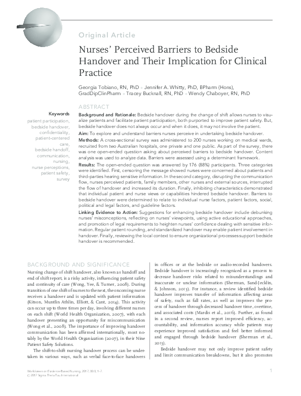 (PDF) Nurses' Perceived Barriers to Bedside Handover and Their ...