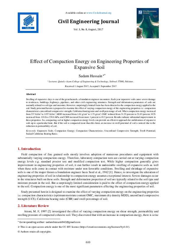 (PDF) Effect of Compaction Energy on Engineering Properties of Expansive Soil Sadam Khan and