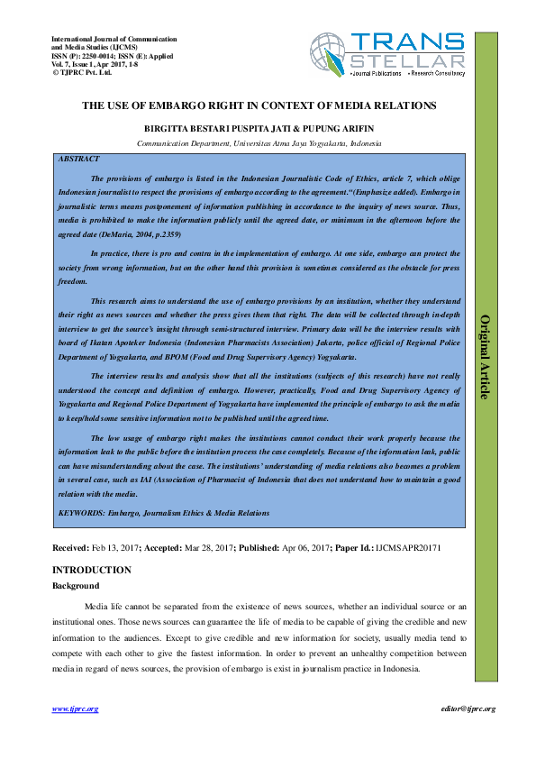 (PDF) THE USE OF EMBARGO RIGHT IN CONTEXT OF MEDIA RELATIONS
