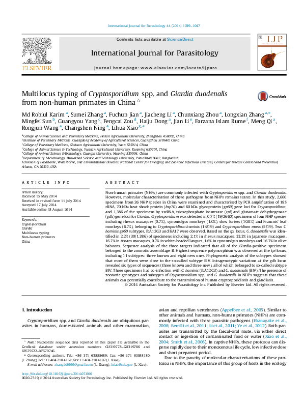 (PDF) Multilocus typing of Cryptosporidium spp. and Giardia duodenalis ...