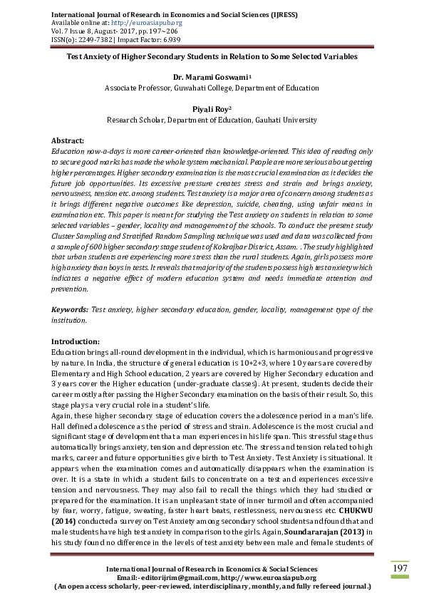 (PDF) Test Anxiety of Higher Secondary Students in Relation to Some ...