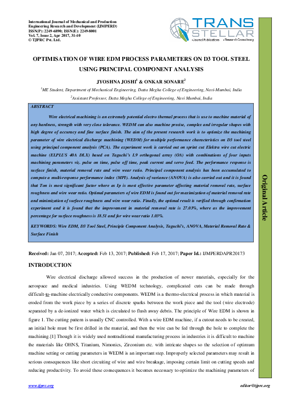 (PDF) OPTIMISATION OF WIRE EDM PROCESS PARAMETERS ON D3 TOOL STEEL ...