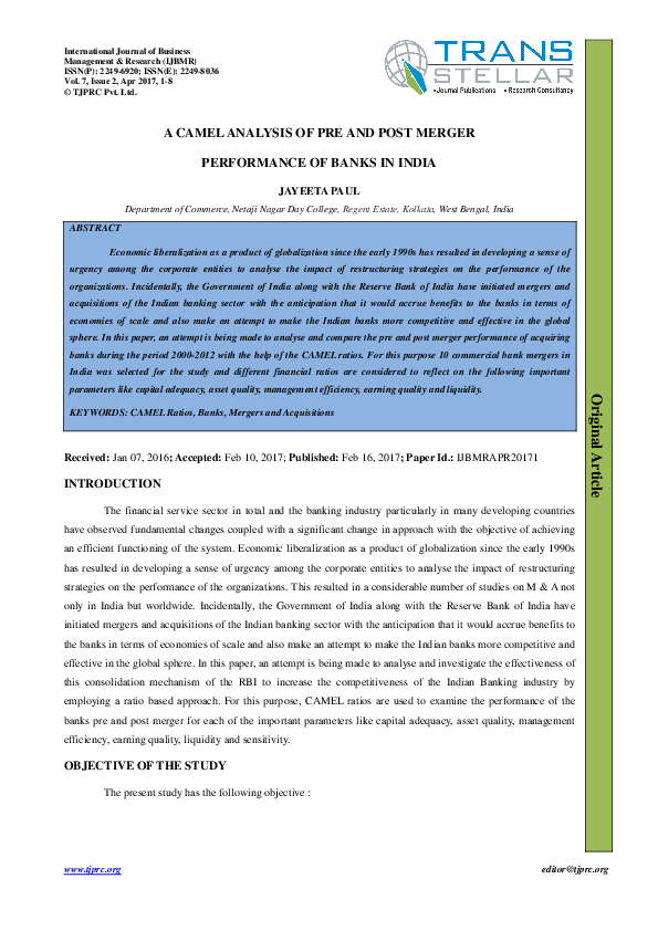 (PDF) A CAMEL ANALYSIS OF PRE AND POST MERGER PERFORMANCE OF BANKS IN INDIA
