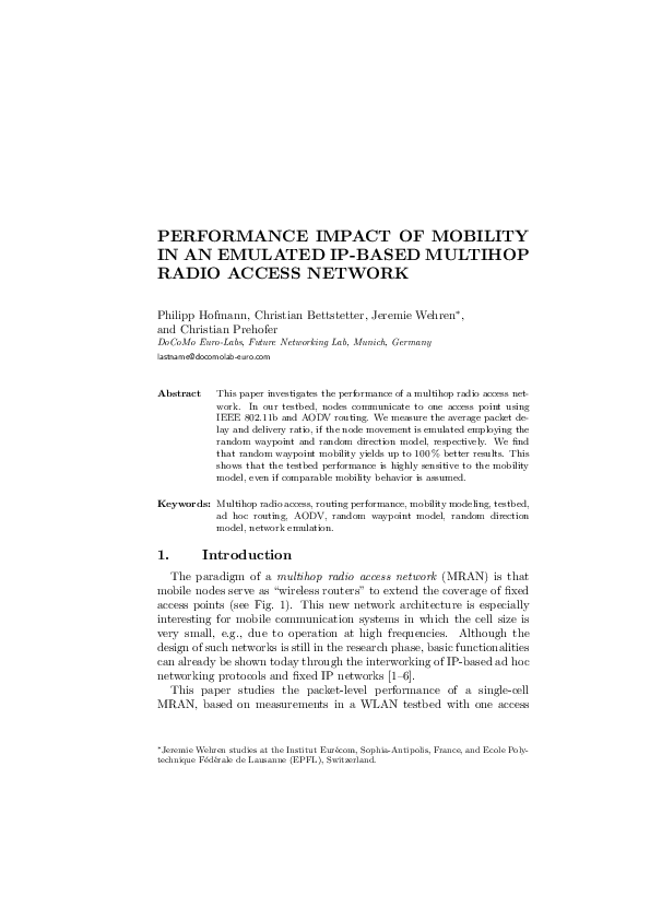 (PDF) Performance Impact of Mobility in an Emulated IP-based Multihop ...