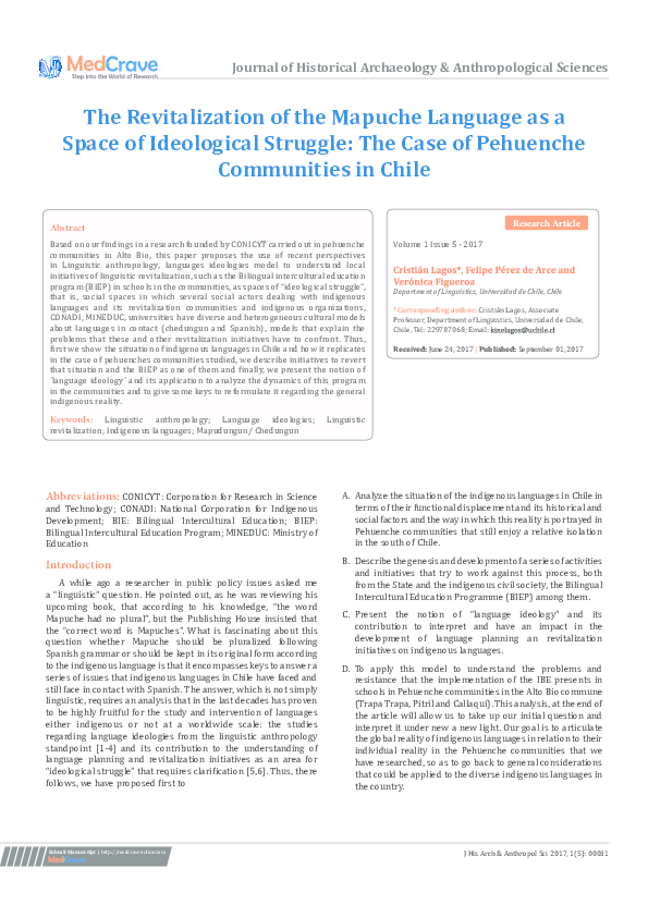 (PDF) The Revitalization of the Mapuche Language as a Space of ...