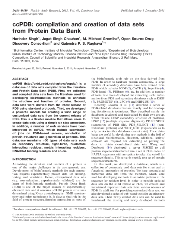 (PDF) ccPDB compilation and creation of data sets from Protein Data