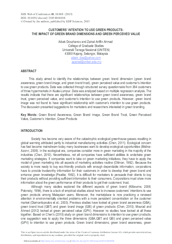 (PDF) CUSTOMERS' INTENTION TO USE GREEN PRODUCTS: THE IMPACT OF GREEN ...