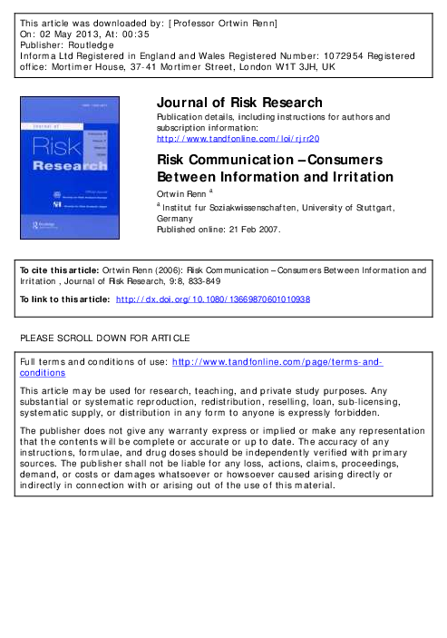 (PDF) Risk Communication – Consumers Between Information and Irritation1