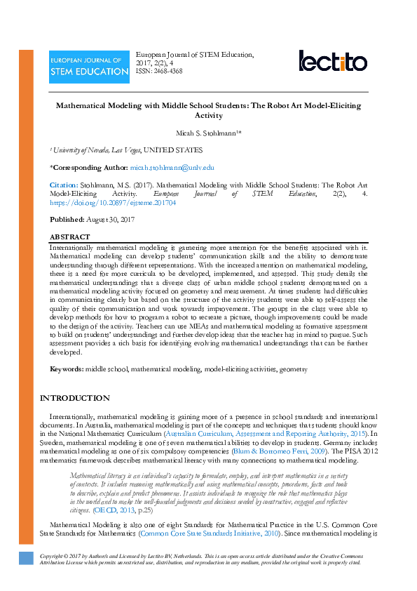 (PDF) Mathematical Modeling with Middle School Students: The Robot Art ...