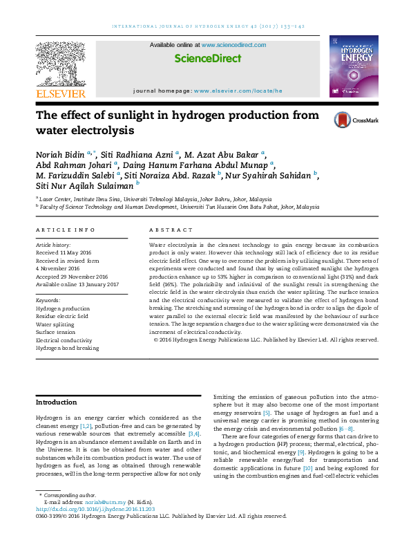 (PDF) The effect of sunlight in hydrogen production from water electrolysis
