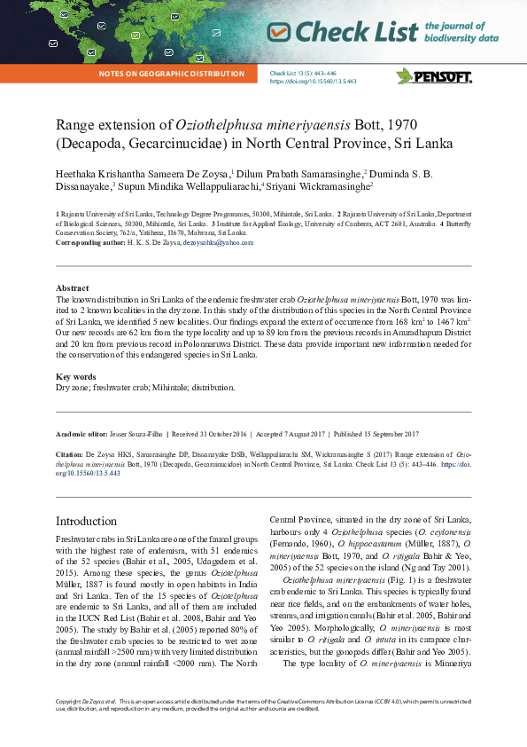 (PDF) Range extension of Oziothelphusa mineriyaensis Bott, 1970