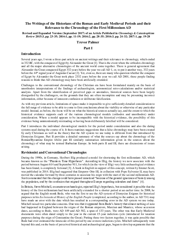 Writers and Re-Writers of First Millennium History: The Writings of the Historians of the Roman and Early Medieval Periods and their Relevance to the Chronology of the First Millennium AD (First Draft. September 2017)