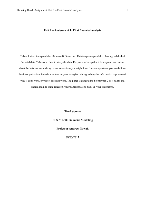 (PDF) Unit 1 – Assignment 1: First financial analysis