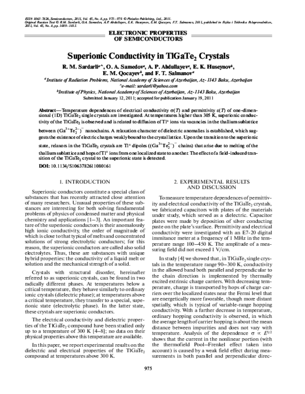 (PDF) Superionic conductivity in TlGaTe2 crystals