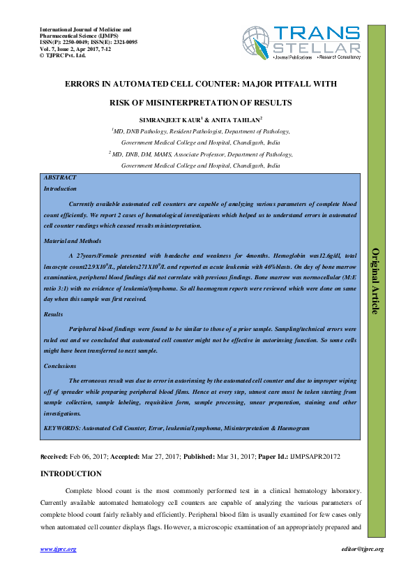 (PDF) ERRORS IN AUTOMATED CELL COUNTER: MAJOR PITFALL WITH RISK OF ...