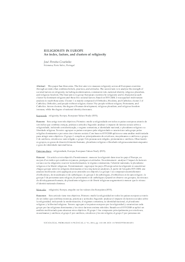 (PDF) Religiosity in Europe: An index, factors, and clusters of religiosity