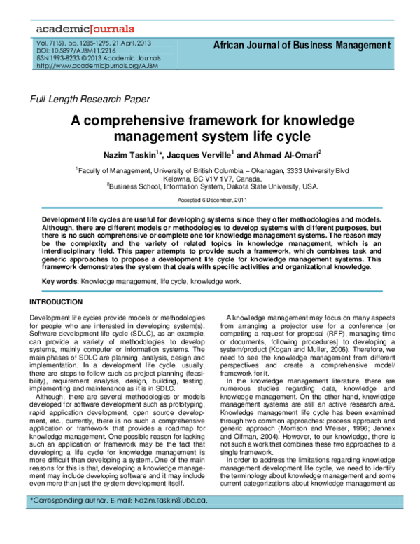 (PDF) A comprehensive framework for knowledge management system life cycle