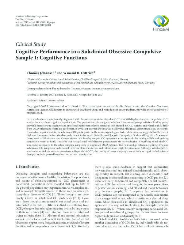(PDF) Cognitive Performance in a Subclinical Obsessive-Compulsive ...