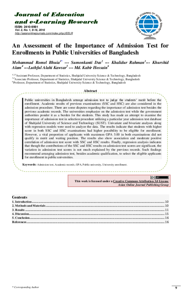 Pdf An Assessment Of The Importance Of Admission Test For Enrollments In Public Universities Pdf An Assessment Of The Importance Of Admission Test For Enrollments In Public Universities