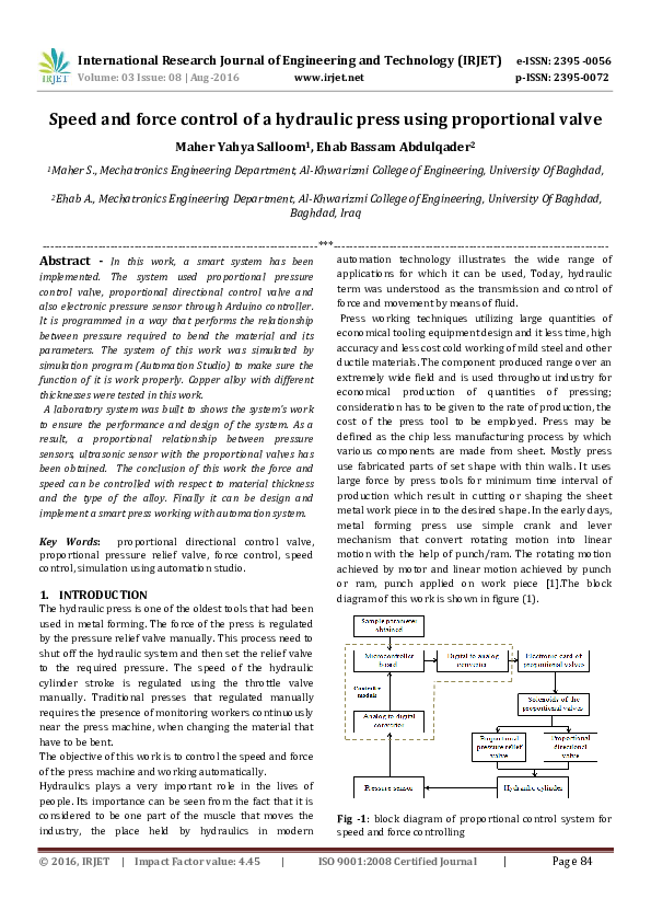 (PDF) Speed and force control of a hydraulic press using proportional valve