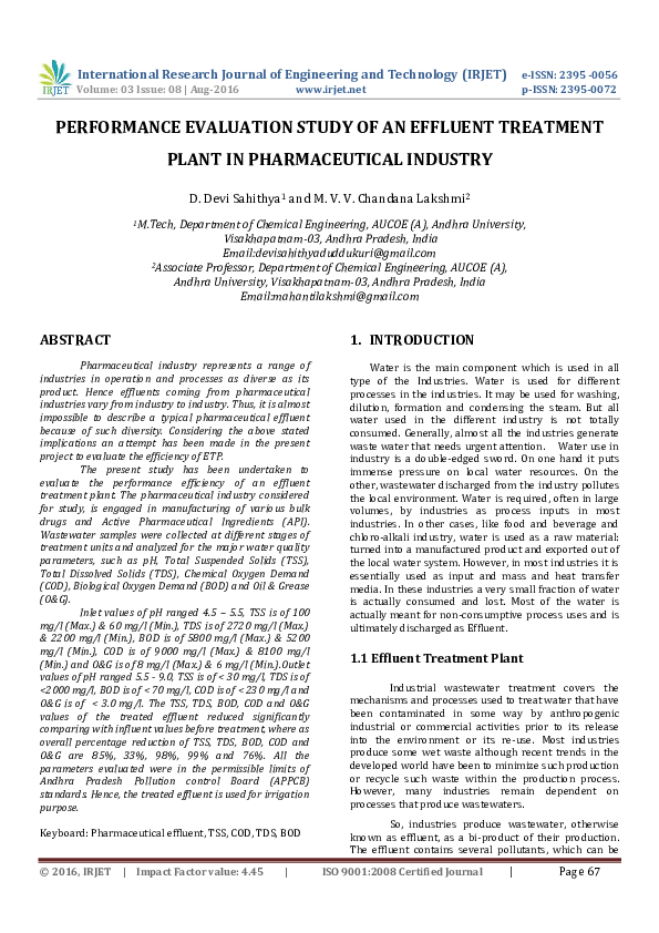 (PDF) PERFORMANCE EVALUATION STUDY OF AN EFFLUENT TREATMENT PLANT IN ...