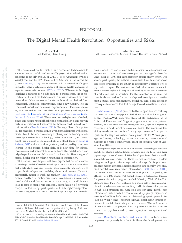 (PDF) The Digital Mental Health Revolution: Opportunities and Risks